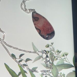 Sterling 925 Brazilian Pink Black Agate Pendant Necklace 24 inch Chain Teardrop